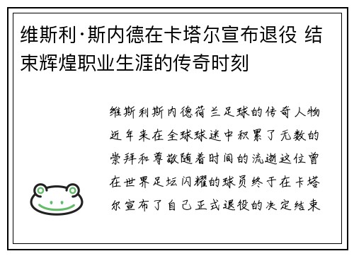 维斯利·斯内德在卡塔尔宣布退役 结束辉煌职业生涯的传奇时刻 维斯利·斯内德在卡塔尔宣布退役 结束辉煌职业生涯的传奇时刻